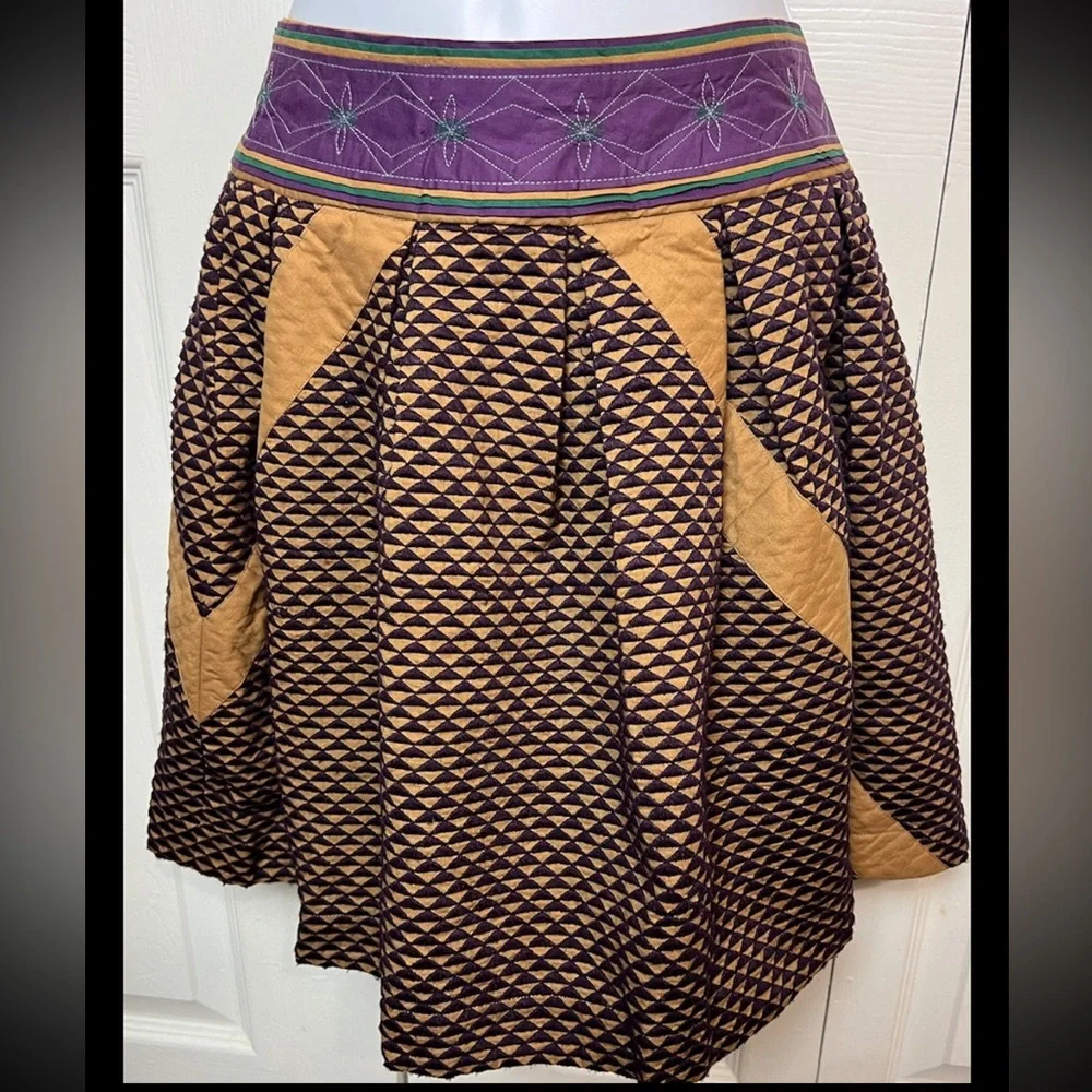 PANKAJ & NIDHI Anthropologie Mini Skirt Full Jaccard Purple Brown Quilted Boho